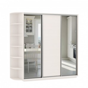 Шкаф 3-х дверный Экспресс (Зеркало/ДСП/Зеркало) со стеллажом, 2700х600х2400, белый снег в Тюмени