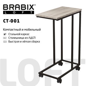 Стол журнальный BRABIX "LOFT CT-001", 450х250х680 мм, на колёсах, металлический каркас, цвет дуб антик, 641860 в Заводоуковске