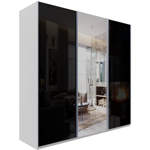 Шкаф трехстворчатый Эста, стекло черное/зеркало/стекло черное, 2400x660x2200, белый снег в Тюмени