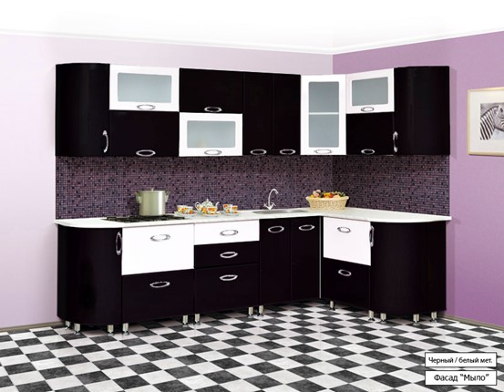 Угловая кухня Мыло 128 2700х1500, цвет Черный/Белый металлик в Тюмени - изображение