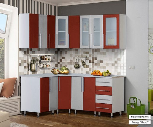 Угловая кухня Мыло 224 1800х1400, цвет Бордо/Серебристый металлик в Тюмени - изображение