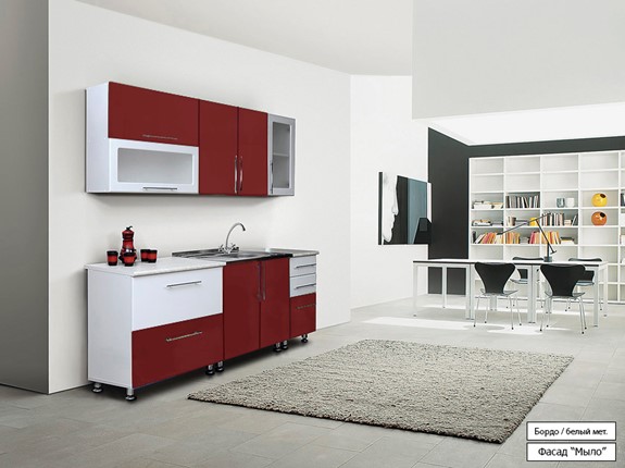 Кухонный гарнитур Мыло 224 2000х718, цвет Бордо/Белый металлик в Тюмени - изображение