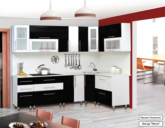 Кухонный угловой гарнитур Мыло 224 2600х1600, цвет Черный/Белый металлик в Тюмени - изображение