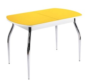 Кухонный обеденный стол ПГ-04 СТ2, белое/желтое стекло/35 хром гнутые металл в Тюмени