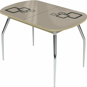 Обеденный раздвижной стол Ривьера мини хром №5, Рисунок квадро (стекло молочное/коричневый/дуб выбеленный) в Тюмени