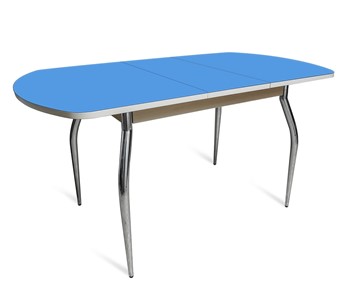 Кухонный стол раскладной ПГ-07 СТ2, дуб молочный/синие стекло/35 хром гнутые металл в Ишиме