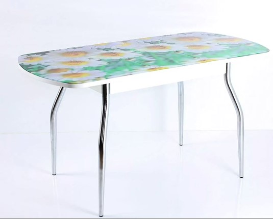 Кухонный стол раскладной ПГ мини СТФ белое ЛДСП/ромашки/хром фигурные в Тюмени - изображение