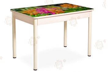 Кухонный стол раскладной Айсберг-02 СТФ, Дуб ЛДСП/полевые цветы/ноги крашеные в Ишиме
