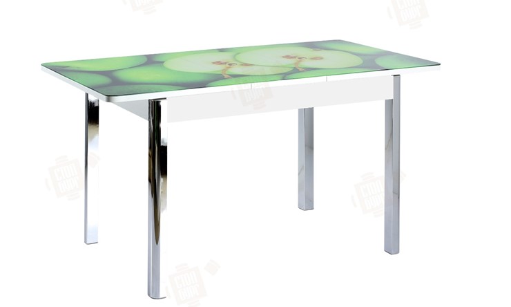 Кухонный раскладной стол Айсберг-02 СТФ, белое лдсп/зеленые яблоки/ноги хром квадратные в Заводоуковске - изображение 3