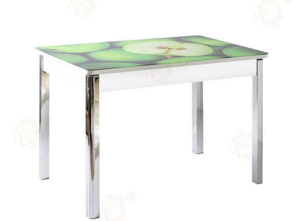 Кухонный раскладной стол Айсберг-02 СТФ, белое лдсп/зеленые яблоки/ноги хром квадратные в Тюмени - изображение