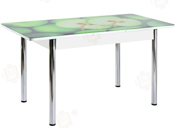 Кухонный раздвижной стол Айсберг-02 СТФ, белое лдсп/зеленые яблоки/ноги хром прямые в Тюмени - предосмотр