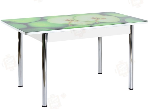 Кухонный раздвижной стол Айсберг-02 СТФ, белое лдсп/зеленые яблоки/ноги хром прямые в Тюмени - изображение