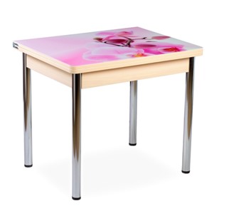 Кухонный пристенный стол СПА-07 СТФ, молочный дуб/фотопечать орхидея/опоры прямые хром в Тюмени - предосмотр
