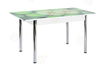Кухонный стол раздвижной Айсберг-01 СТФ, белый/фотопечать зеленые яблоки/ноги хром круглые в Тюмени