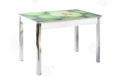 Кухонный раздвижной стол Айсберг-01 СТФ, белый/фотопечать зеленые яблоки/ноги хром квадратные в Ишиме