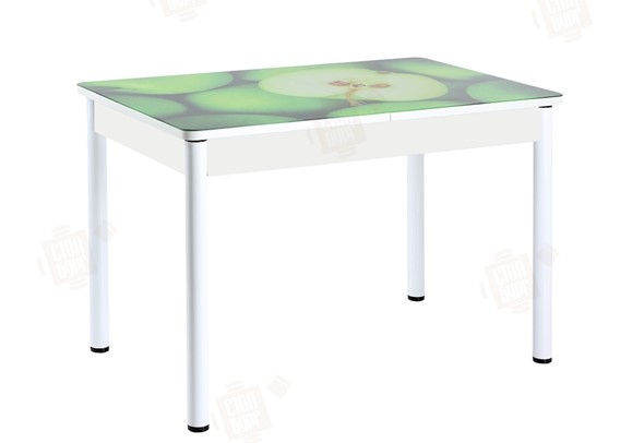 Кухонный раскладной стол Айсберг-01 СТФ, белый/фотопечать зеленые яблоки/ноги крашеные в Тюмени - изображение