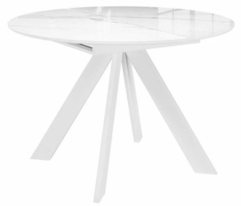 Маленький обеденный стол раздвижной DikLine SFC110 d1100 стекло Оптивайт Белый мрамор/подстолье белое/опоры белые в Тюмени