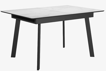 Стеклянный кухонный стол раздвижной DikLine SFA125 Стекло Белый мрамор САТИН/подстолье черное/опоры черные в Ишиме