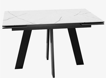 Стеклянный кухонный стол раздвижной DikLine SFM120 Стекло Белый мрамор САТИН/подстолье черное/опоры черные в Ишиме