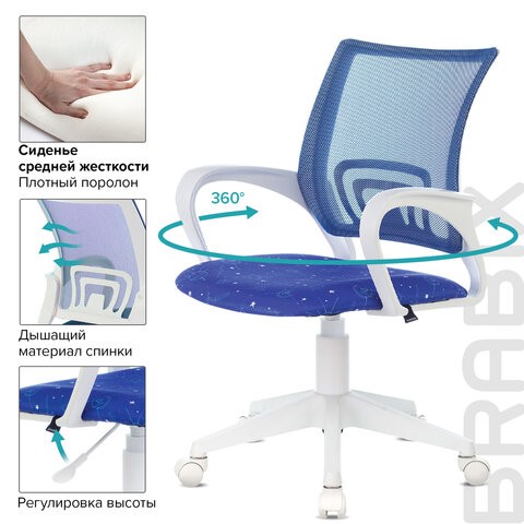 Офисное кресло Brabix Fly MG-396W (с подлокотниками, пластик белый, сетка, темно-синее с рисунком "Space") 532405 в Заводоуковске - изображение 6
