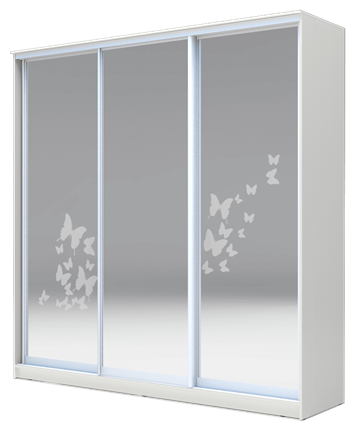 Шкаф 3-х створчатый 2400х1770х420 три зеркала, Бабочки ХИТ 24-4-18-656-05 Белая Шагрень в Тюмени - изображение