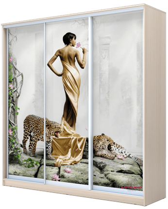 Шкаф-купе 3-х створчатый 2200х1770х420, Девушка с леопардом ХИТ 22-4-18/2-777-03 Дуб Млечный в Тюмени - изображение