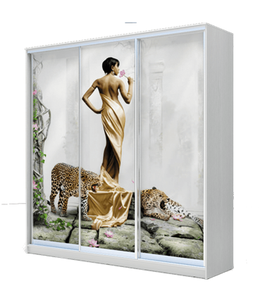Шкаф 3-х дверный 2400х2000х620, наполнение №1, Девушка с леопардом ХИТ 24-20-777-03 Белая шагрень в Тюмени - изображение