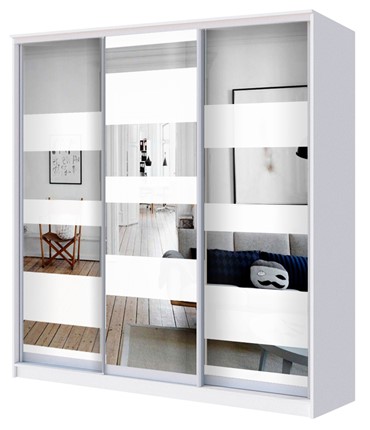 Шкаф 3-х дверный 2400х1770х420 три зеркала, Полосы ХИТ 24-4-18-666 Белый в Заводоуковске - изображение