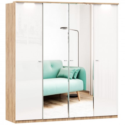 Шкаф 4х-дверный Фиджи с 2 зеркалами, Дуб золотой/Белый в Заводоуковске - изображение