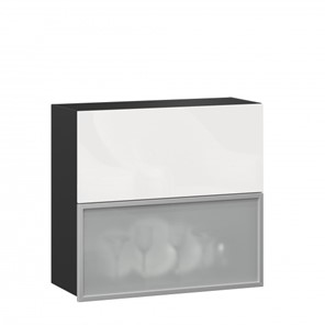 Навесной кухонный шкаф 800 горизонтальный, Шервуд, ЛД 281.981.000.088, со стеклом, черный/белый глянец в Тюмени - предосмотр