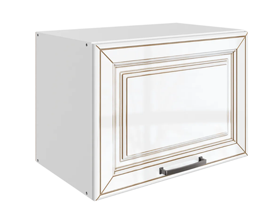 Шкаф навесной Атланта L500 Н360 (1 дв. гл.) эмаль (белый/белый глянец патина золото) в Заводоуковске - изображение