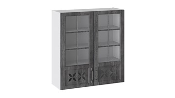 Навесной кухонный шкаф Прованс (Белый глянец/Санторини темный) cо стеклом В_96-90_2ДРДс в Тюмени