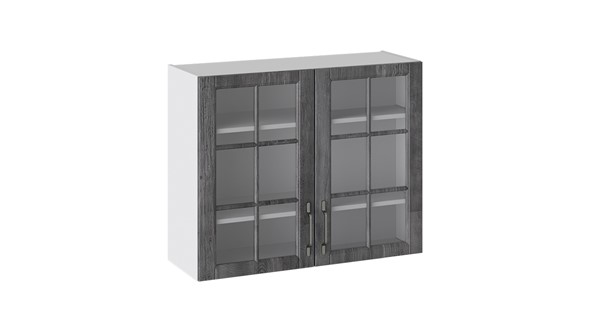 Навесной шкаф Прованс (Белый глянец/Санторини темный) со стеклом В_72-90_2ДРс в Заводоуковске - изображение