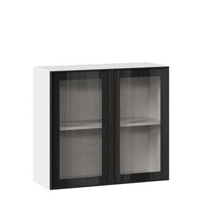 Кухонный шкаф со стеклом 800 Индиго ЛД 298.360.000.023, Белый/Чёрный в Тюмени - изображение