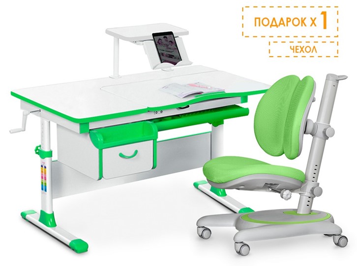 Комплект растущая парта + стул Mealux EVO Evo-40 Z (арт. Evo-40 Z + Y-115 KZ) / (стол+полка+кресло+чехол), белый, зеленый в Заводоуковске - изображение 1