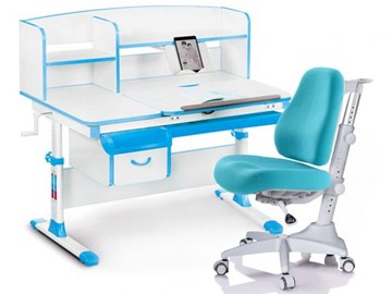 Комплект растущая парта + стул Mealux-EVO Evo-50 BL (арт. Evo-50 BL + Y-528 KBL) / (стол+полка+кресло) / белая столешница / цвет пластика голубой в Тюмени