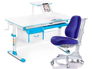 Комплект растущая парта + стул Mealux EVO Evo-40 BL (арт. Evo-40 BL + Y-528 SB) / (стол+полка+кресло) / белая столешница / цвет пластика голубой в Ишиме
