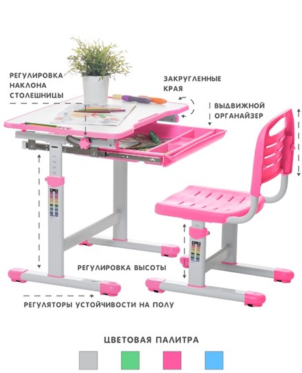 Растущий стол SET Holto-2А розовый в Заводоуковске - изображение 3